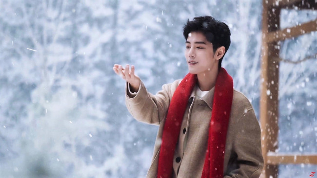 Обои картинки фото мужчины, xiao zhan, актер, шарф, пальто, снег