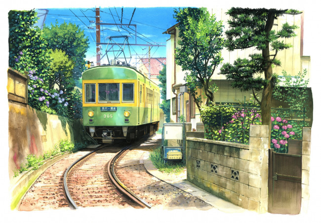 Обои картинки фото рисованное, города, трамвай, рельсы, улица, сады, дома