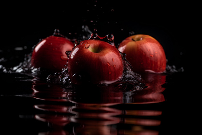 Обои картинки фото еда, яблоки, вода, капли, отражение