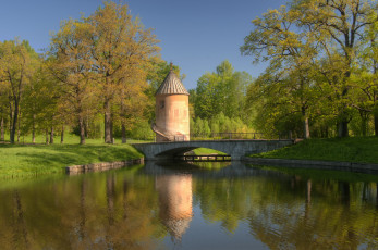 Картинка природа парк башня водоем мостик деревья