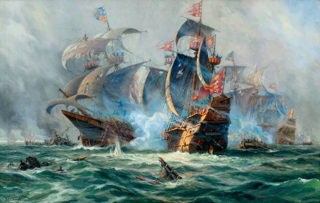 Обои картинки фото adolf, bock, рисованные, корабли, сражение, парусники