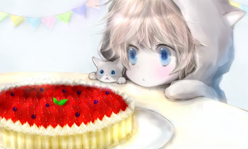 Картинка аниме animals стол няшка ушки ребенок пирог котенок