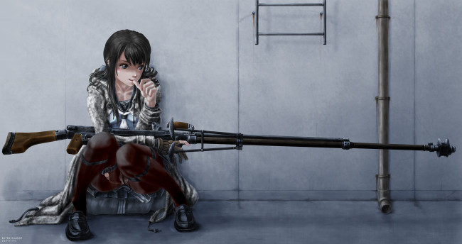 Обои картинки фото аниме, weapon, blood, technology, винтовка, форма, крыша, девушка, оружие