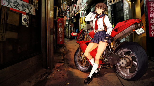 Обои картинки фото аниме, weapon, blood, technology, мотоцикл, девушка