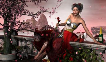 Картинка 3д+графика fantasy+ фантазия сакура взгляд девушка цветы белочка вино