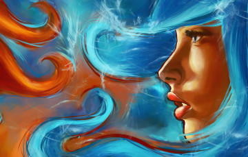 Картинка рисованные люди профиль стихии взгляд огонь вода губы лицо девушка
