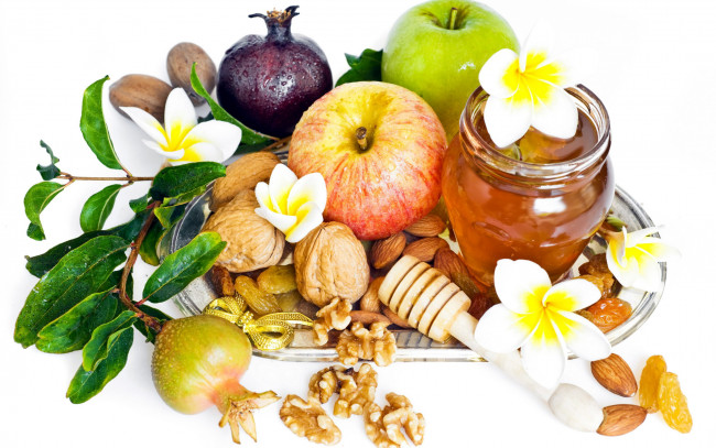 Обои картинки фото еда, разное, яблоки, гранат, мед, орехи