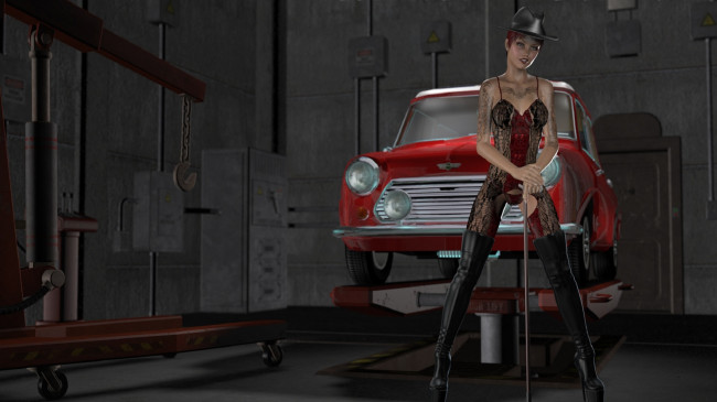 Обои картинки фото автомобили, 3d car&girl, девушка, автомобиль, трость, шляпа, фон, взгляд