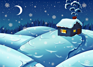 Картинка векторная+графика природа+ nature дом снежинки снег луна