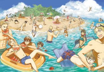 Картинка аниме hetalia +axis+powers арбуз парни море отдых лето пляж