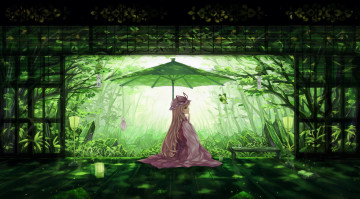 Картинка аниме touhou девушка yakumo yukari зонт зелень растения арт dead line