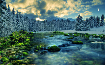 Картинка природа реки озера мох камни река луна облака лес