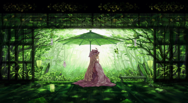 Обои картинки фото аниме, touhou, девушка, yakumo, yukari, зонт, зелень, растения, арт, dead, line