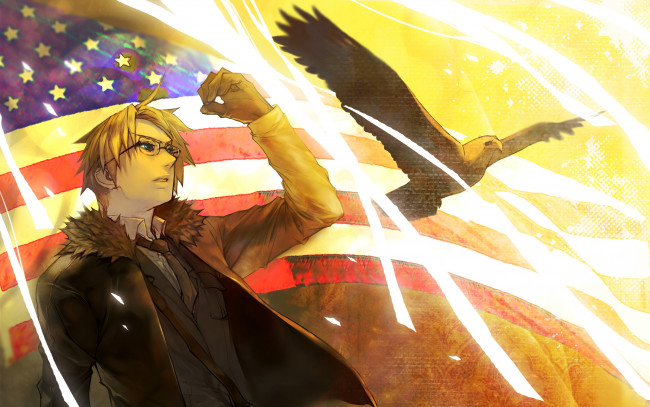 Обои картинки фото аниме, hetalia,  axis powers, орёл, парень, птица, флаг, арт, америка