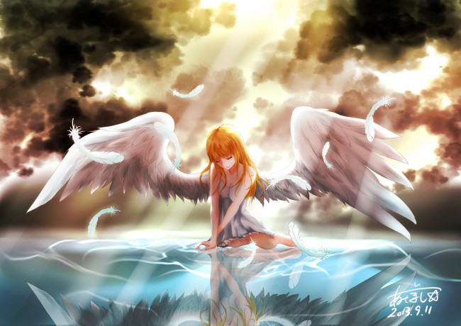 Обои картинки фото аниме, ангелы,  демоны, девушка, арт, перья, небо, облака, крылья, ангел, отражение, вода, свет