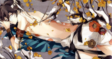 Картинка аниме hakuouki браслет suou shinsengumi kitan спина демоны бледной сакуры камелии art парень снег saitou hajime лежит