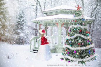 обоя календари, праздники,  салюты, девочка, елка, игрушка, беседка, снег, зима