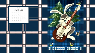 обоя календари, праздники,  салюты, синица, птица, елка, гитара, заяц