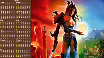 обоя календари, видеоигры, девушка, оружие, магия, гора