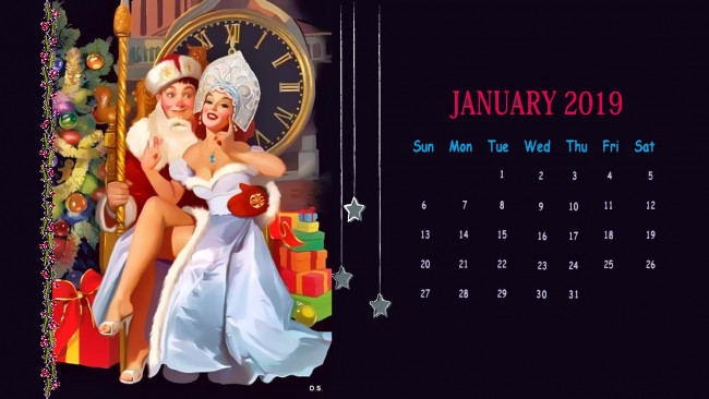 Обои картинки фото календари, праздники,  салюты, елка, часы, дед, мороз, снегурочка