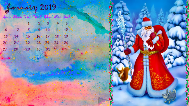 Обои картинки фото календари, праздники,  салюты, зима, снег, елка, посох, белка, дед, мороз, заяц
