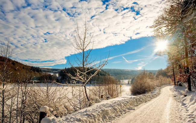 Обои картинки фото природа, дороги, солнце, зима, дорога