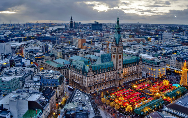 Обои картинки фото города, гамбург , германия, панорама, новогодняя, ярмарка