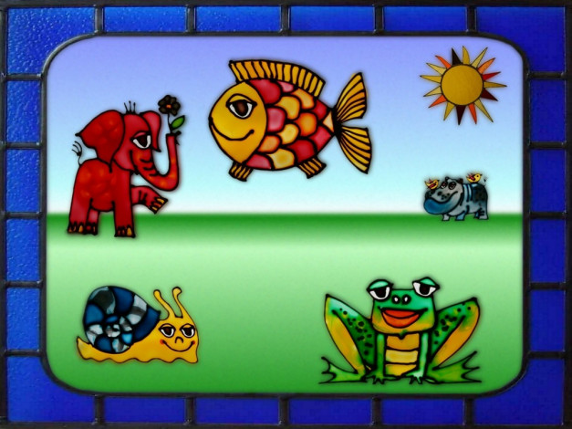 Обои картинки фото рисованные, животные, слон, рыба, улитка, лягушка