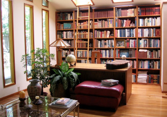 обоя интерьер, кабинет, библиотека, офис, стеллаж, книги, стол, кресло, вазоны