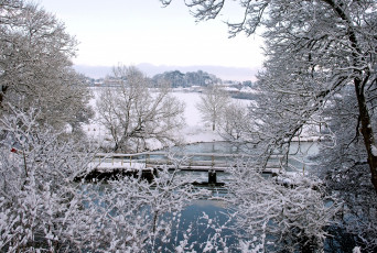 Картинка природа зима деревья мост река снег