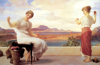 Картинка лорд фредерик лейтон мотание пряжи рисованные frederick leighton пейзаж женщина девочка пряжа нитки