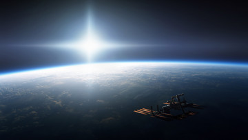 Картинка космос космические корабли станции солнце яркость свет планета земля мкс
