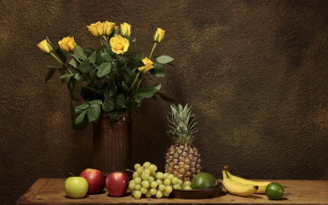 Картинка еда натюрморт розы ананас бананы яблоки лайм манго виноград