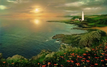 Картинка природа восходы закаты маяк