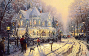 Картинка thomas kinkade рисованные город зима дорога дома люди деревья