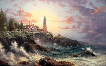 Картинка thomas kinkade рисованные маяк море пейзаж побережье