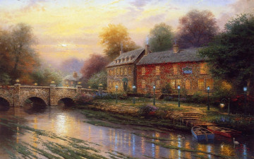 обоя thomas, kinkade, рисованные, пейзаж, река, мост, дом, лодка