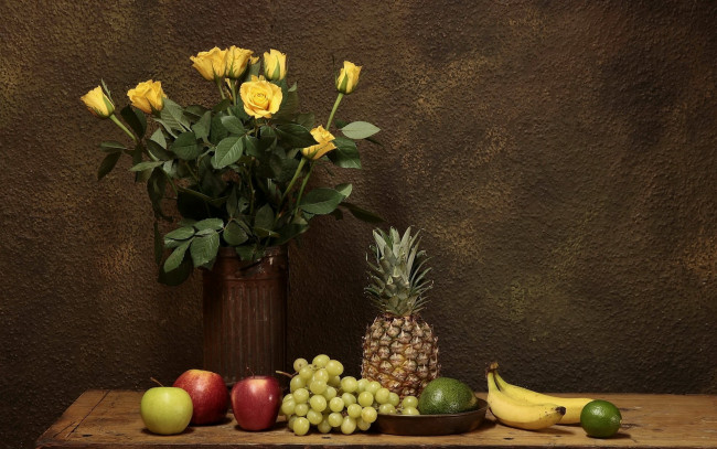 Обои картинки фото еда, натюрморт, розы, ананас, бананы, яблоки, лайм, манго, виноград