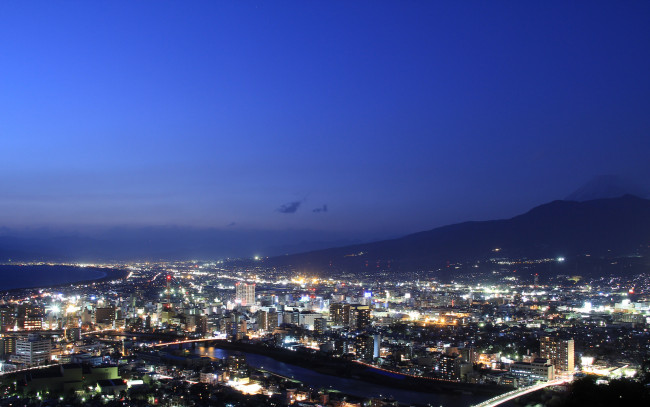 Обои картинки фото города, огни, ночного, вечер, мосты, залив, дома, numazu, japan