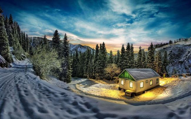 Обои картинки фото природа, зима, дорога, hdr, снег, пейзаж, ели, деревья, домик