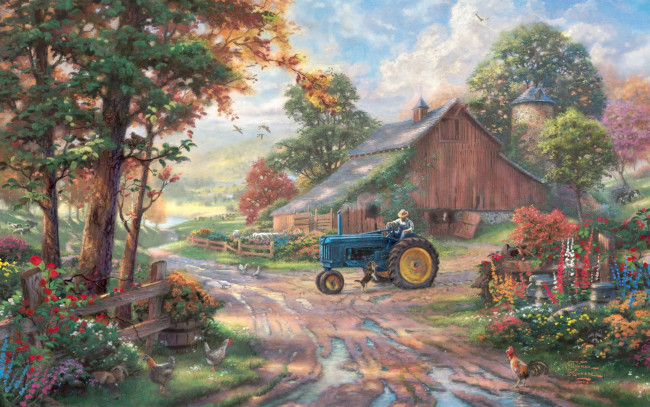 Обои картинки фото thomas, kinkade, рисованные, деревня, дорога, трактор