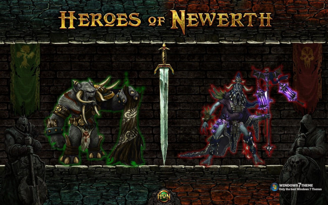 Обои картинки фото heroes, of, newerth, видео, игры, монстры, меч, стена, флаги