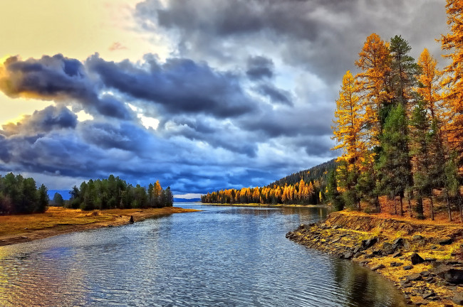 Обои картинки фото lake, cascade, природа, реки, озера, озеро, облака, осень, деревья, лес