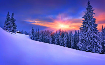 Картинка природа зима лес закат снег домик