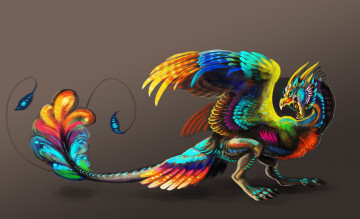 Картинка рисованное животные +сказочные +мифические крылья фон хвост клюв краски птица фантастика