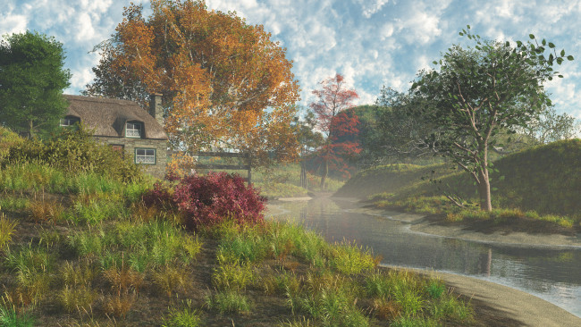 Обои картинки фото 3д графика, природа , nature, деревья, дом, река, небо
