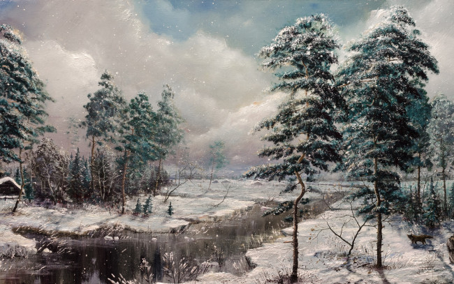 Обои картинки фото рисованное, живопись, дом, изба, природа, река, деревья, охотник, собака, снег, зима