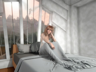 Картинка 3д+графика фантазия+ fantasy кровать фон взгляд девушка ангел