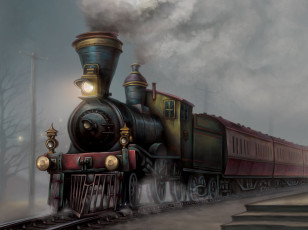 обоя рисованное, - другое, рельсы, дым, арт, поезд