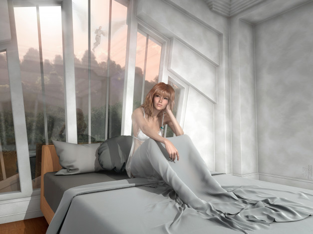 Обои картинки фото 3д графика, фантазия , fantasy, кровать, фон, взгляд, девушка, ангел